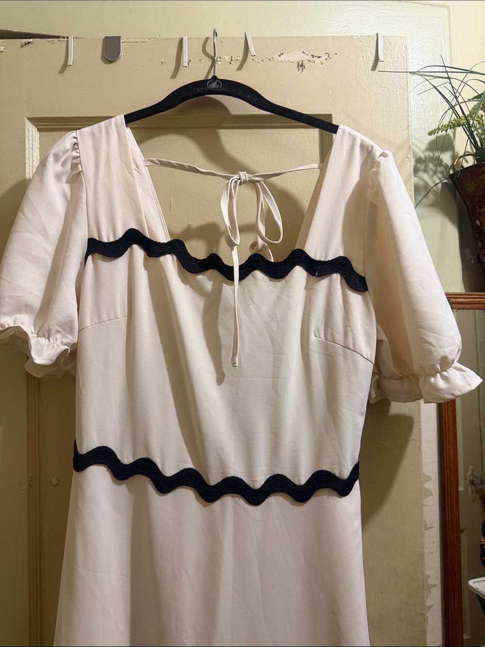 White Maxi Dress with Navy Wave Trim - Women's Summer Maxi - Picture 6 of 6